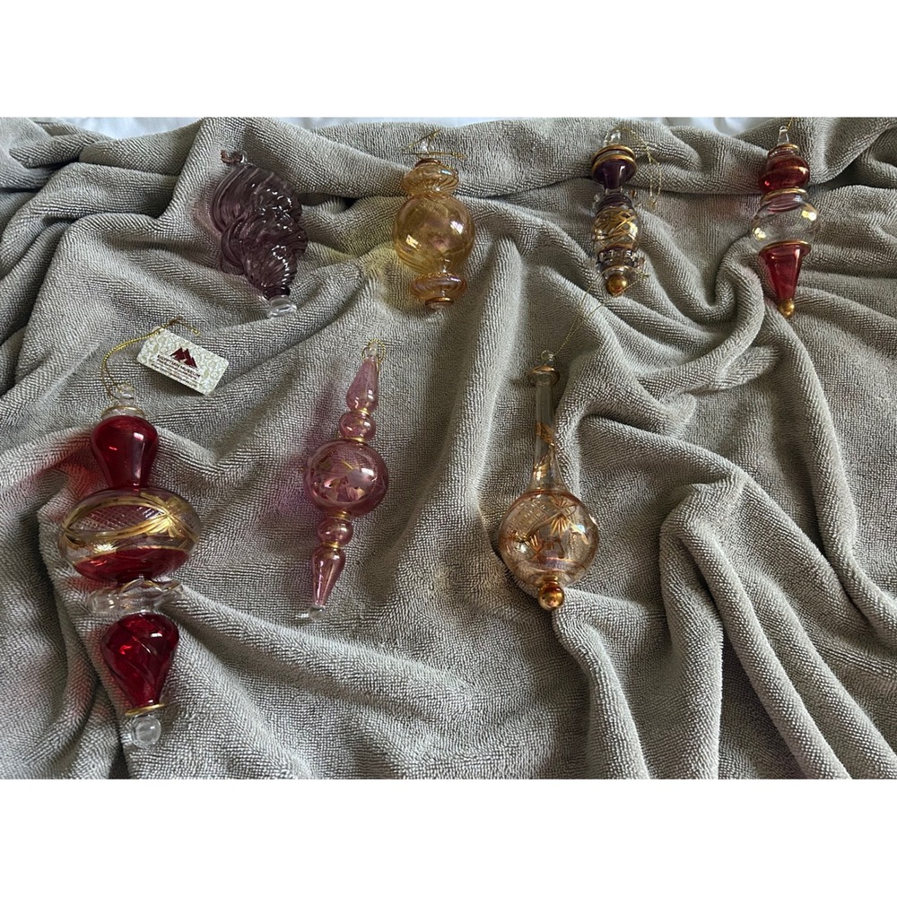 Vtg. Egyptian Museum Hand Blown Glass Ornaments Set of 7 Gold Trimmed Jewel Tone